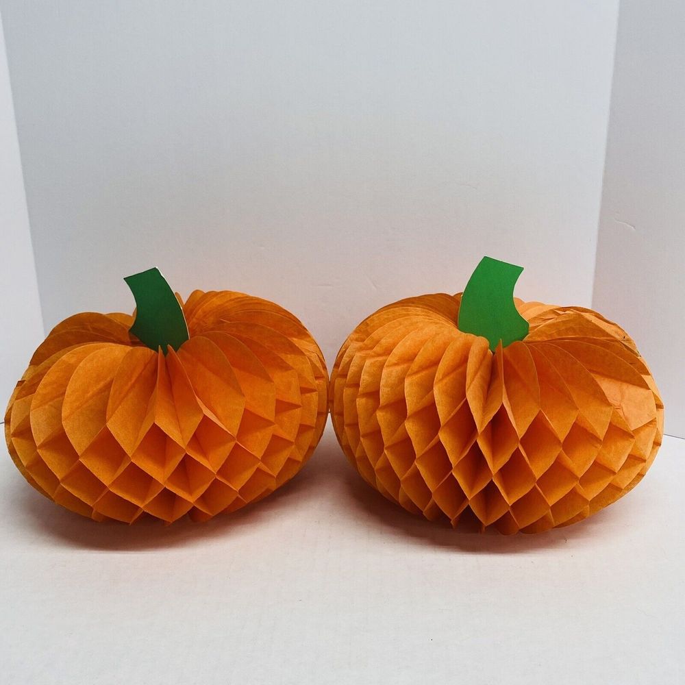 Vtg Beistle Honeycomb Tissue Paper Pumpkin Set Fall Decorations 4” Halloween